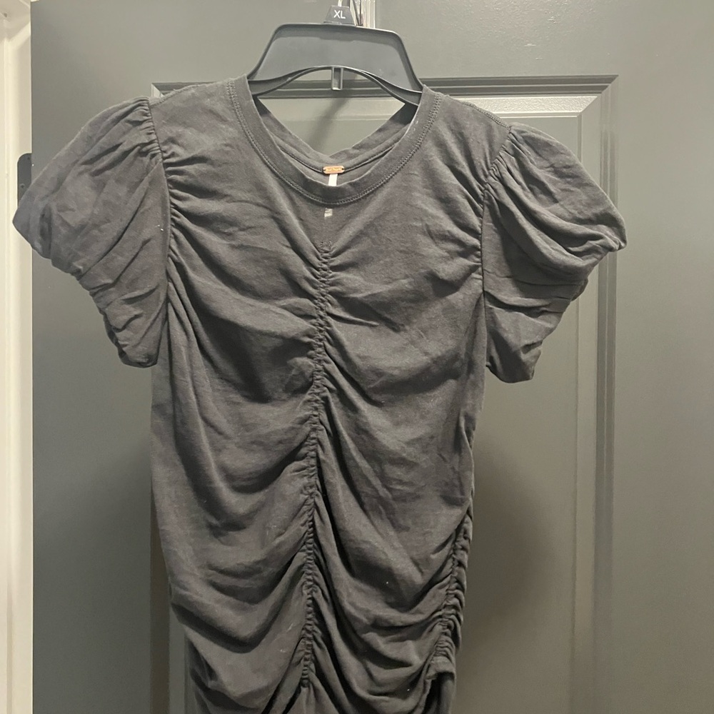 Free People Black Ruched Puff Sleeve Tee